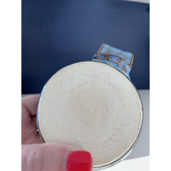 Studio Art Blue Drip Glaze Pottery Mug Artist Signed High Gloss Wide Handle - Picture 7 of 7